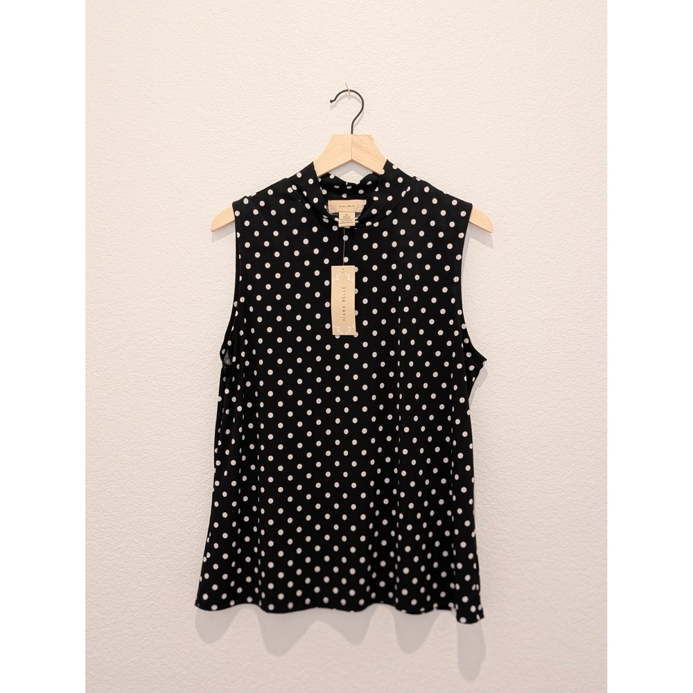 Diana Belle Polka Dot Sleeveless Blouse Black White Mock Neck Top NWT XL